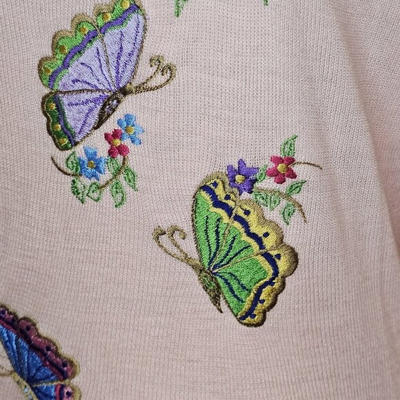 Retro 70s Womens Medium Sweater‎ Pink Embroidered Butterflies Flowers - Picture 5 of 9